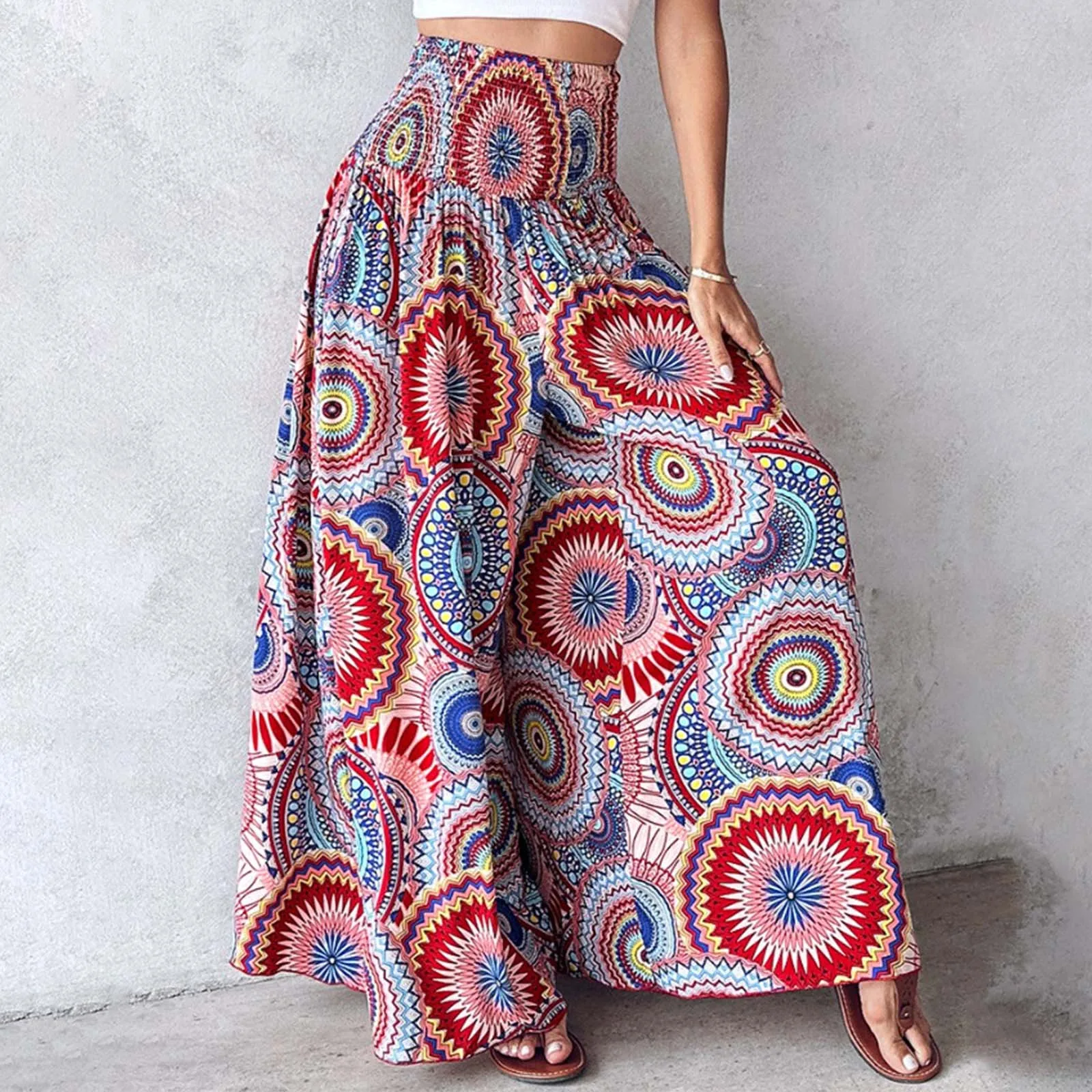 Women's Vacation trousers 2024 Spring Summer Latest Casual Vintage Boho Tribal Floral Print High Waist Shirred Wide Leg Pants