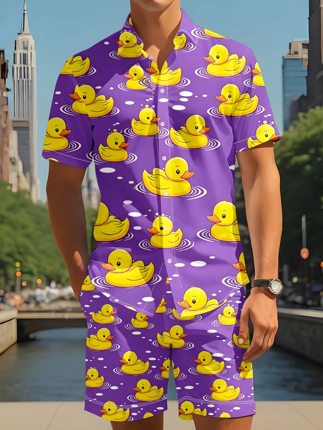 Cartoon Duck Graphic Men Co‑ord Set Turn‑down Collar Button Shirt Elastic Waist Short Pant Vacation Suit