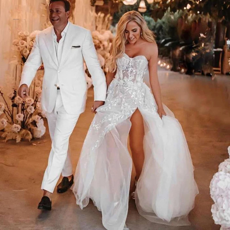 

Beach Wedding Dresses Sweetheart Appliques Lace Side Split Princess Wedding Gowns Bohemian Bridal Dress Custom Made White