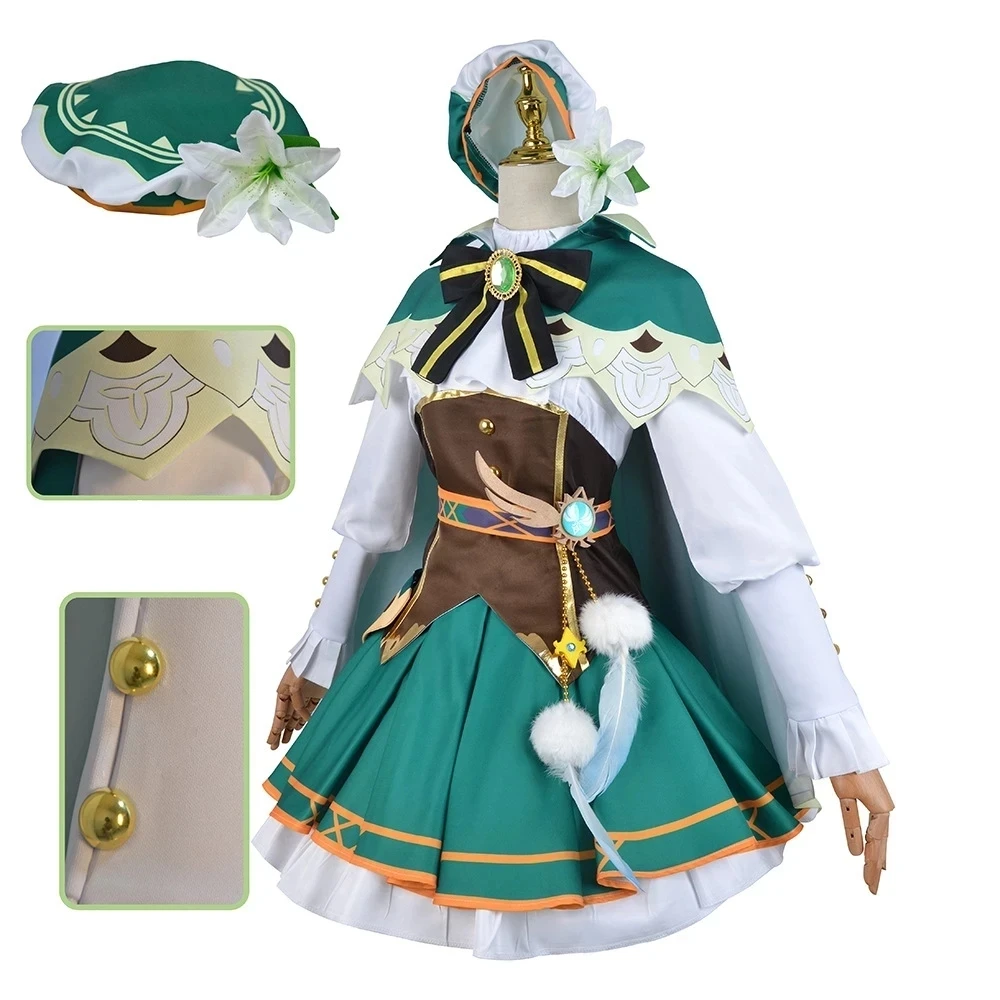 Genshin Impact Cosplay Costume, Elfe du Vent, Barbatos, Chapeau Venti, Coak, Chemise, Jupe, Perruque Trempée, Accessoires Anime, Jeu Lolita, Halloween