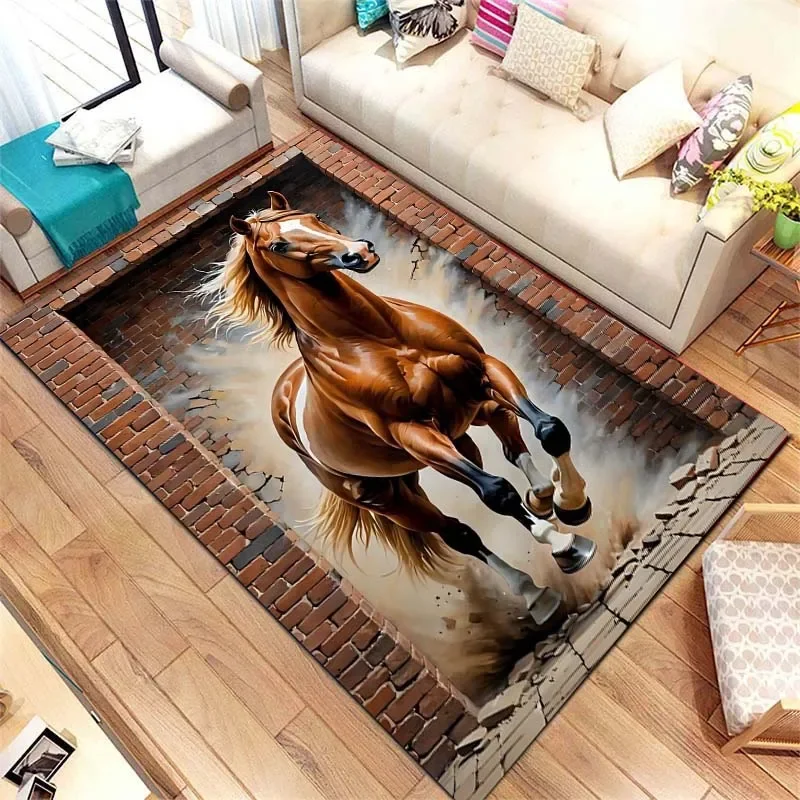 Farm Animal Horse Carpet Running Horse Print Area Rugs Non Slip Sofa Floor Mat Door Mat for Kids Boys Playroom Living Room Decor