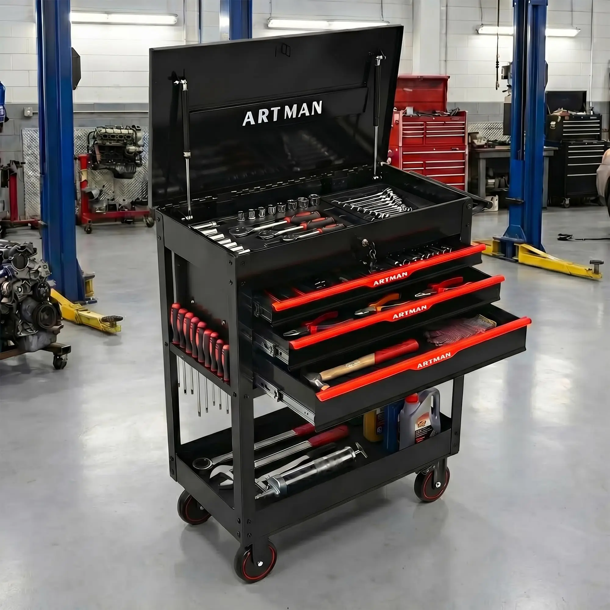 Rolling Tool Chest with 3 Drawers, Top Compartment, Bottom Shelf, Black