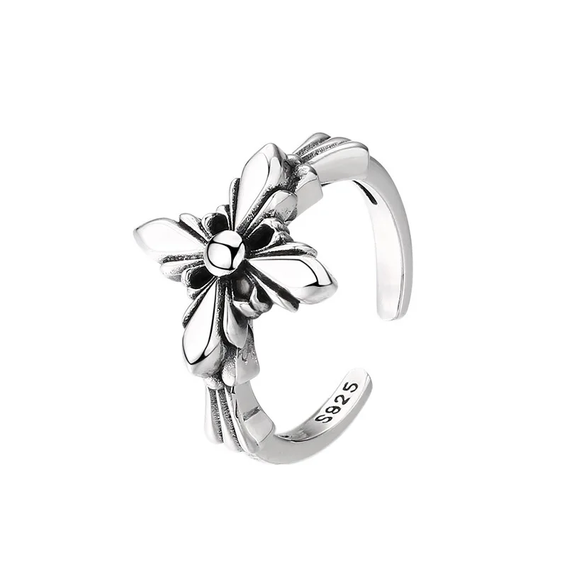 Wholesale 925 sterling silver ring Seiko cruciate flower ring ring opening Thai silver vintage trendy unique ornament