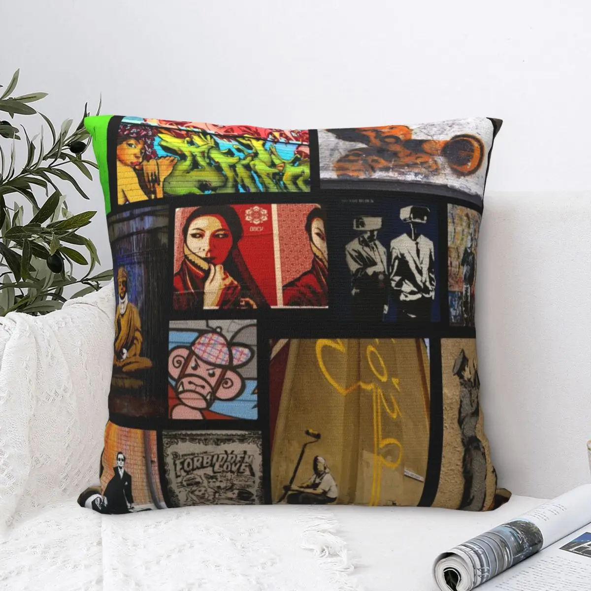 Banksy Street Graffiti Art Square Pillow Cases Spray Paint Social Commentary Cushion Cover Zippered Decor Pillowcase for Sofa