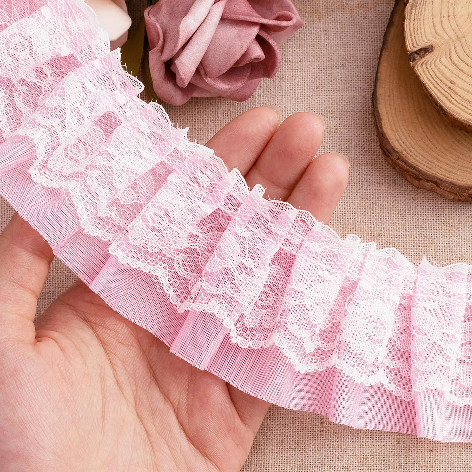 2 Yards Schwarz Weiß Rosa Faltenwelle Stickerei Spitzenstoff Borte DIY Kleidung Tägliche Heimdekoration Zubehör 5CM Breit