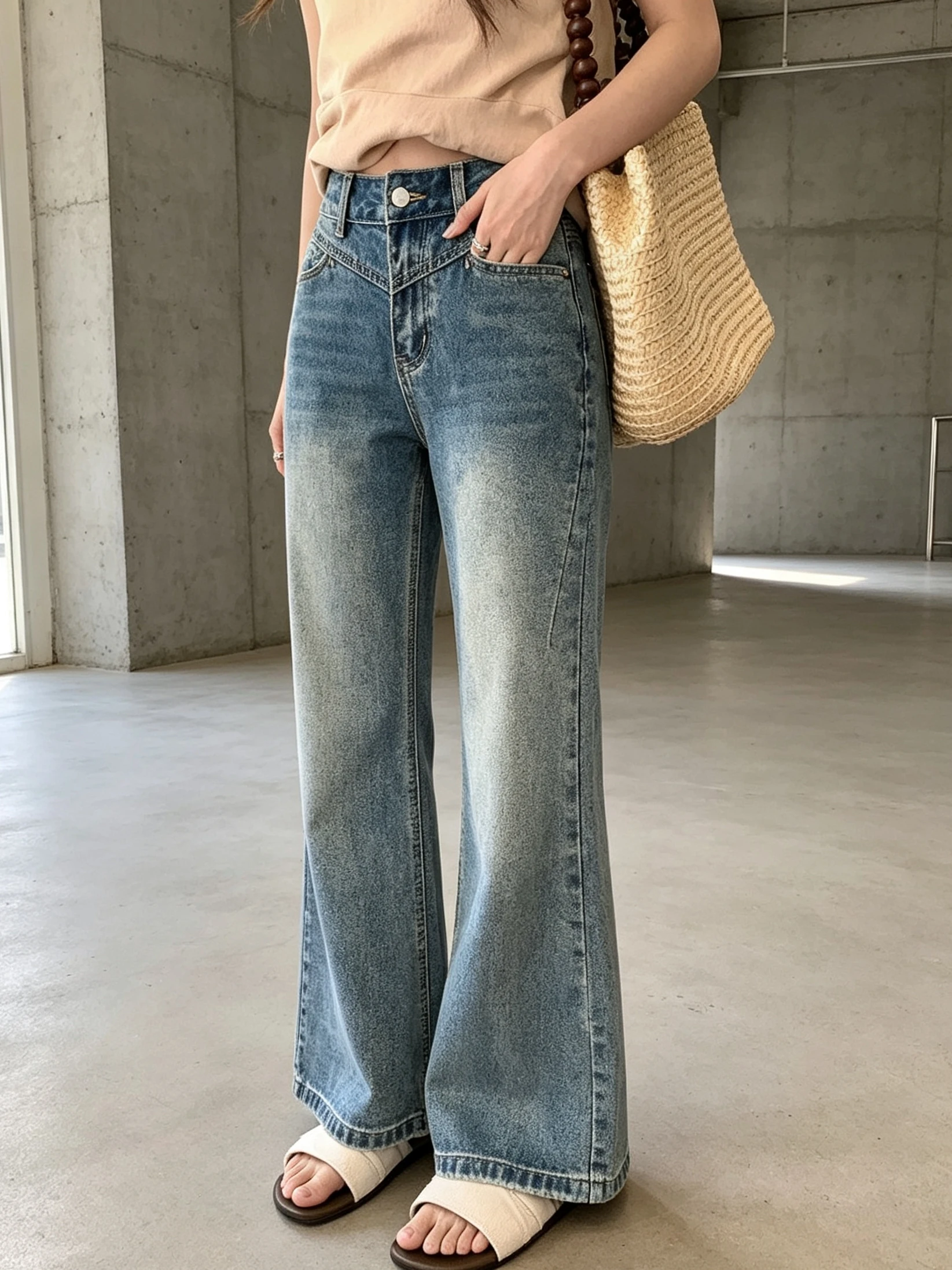 Retro Blue Faded Bell Bottom Jeans Women's Autumn New Design Sensation Drapey Long Pants High Waist American Style Denim