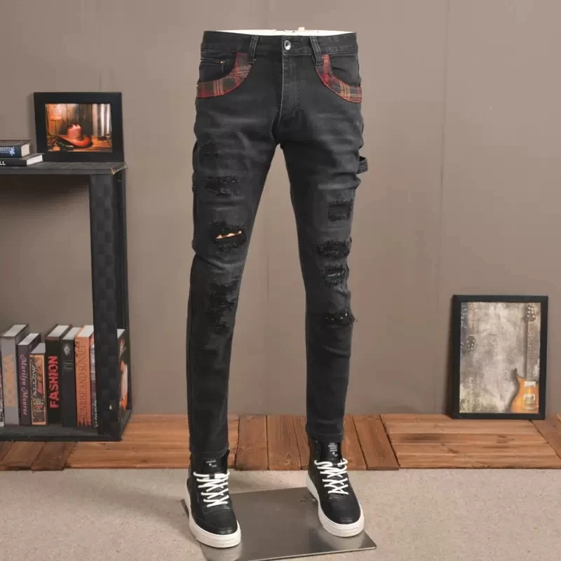 Street Fashion Men Jeans Retro Black Gray Stretch Slim Fit Hole Ripped Jeans Men Patched Designer Hip Hop Denim Pants Hombre