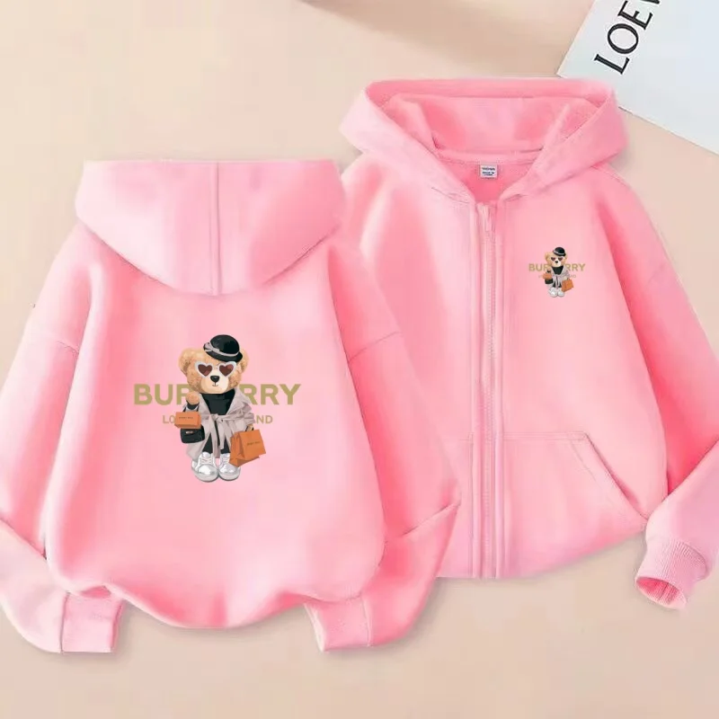 

Kids Winter Cardigan Bear Shopping Print Sweatshirt Zipper Style Hoodie Fashion Girls Boy 3-12Yrs Casual Top Sunshine Loose Coat