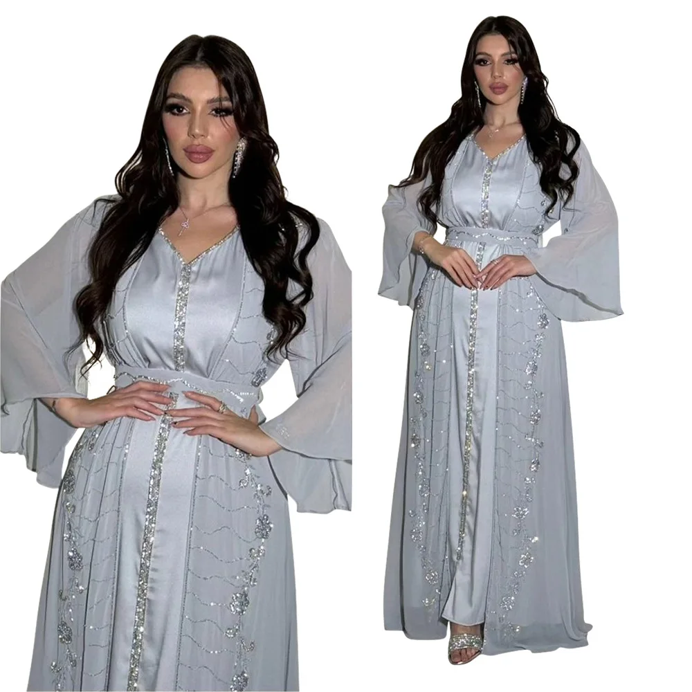 New Dubai Morocco Party Dress Women Muslim Abaya Diamond Ramadan Chiffon Kaftan Robe Turkey Gown 2PCS Set Jalabiya Gown Vestidos