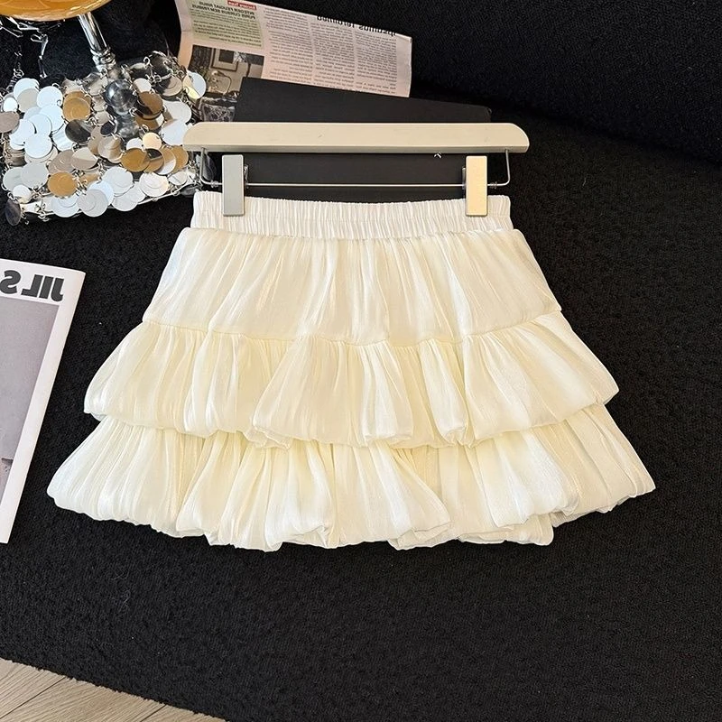 Kawaii Sweet Harajuku Tiered Ruffle Soft White Puffy Bubble Cake Mini Skirts For Women Teen Elastic Waist Daily Wear Streetwear