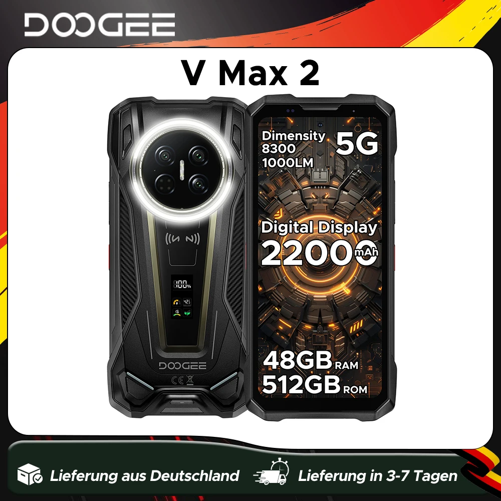 DOOGEE V Max 2 Robustes Smartphone 22000mAh Dimensity 8300 48GB(16GB+32GB) 512GB 6,78'' Bildschirm Duale Campinglampe Android16 Smartphone