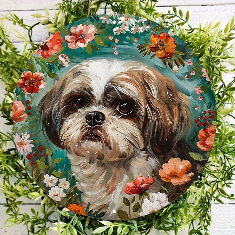 Aluminum Metal Sign Round Decorative Wreath, Wall Door Hanger, Waterproof HD Printed Art, Weather-Resistant Shih Tzu Dog