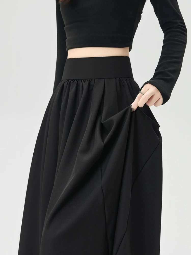 Grey Black Midi Long Skirts Womens Maxi Skirt 2024 Autumn Winter Suit Skirt Office Lady Vintage High Waist Ruffle Pleated Skirts