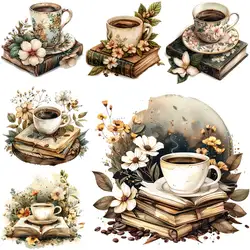 Coffee And Book Iron-on Transfer For Clothing DIY A-Level Washable T-shirts Thermal Stickers Beautiful Floral Patches Appliqued