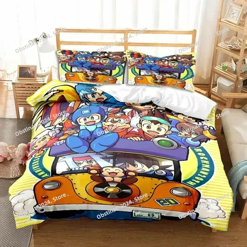 Rockman Megaman Game Cartoon Bedding Set Printed Bed Set With Pillowcase Duvet Cover Soft Single Double Queen Super King Size
