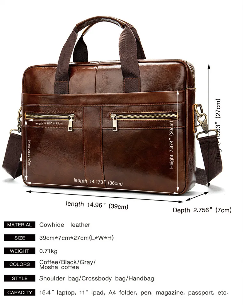 Maleta de negócios para homens, bolsas de couro, bolsa para laptop, couro masculino, sacos de ombro de viagem, grande capacidade, 15, 6 Polegada, marca, 2024