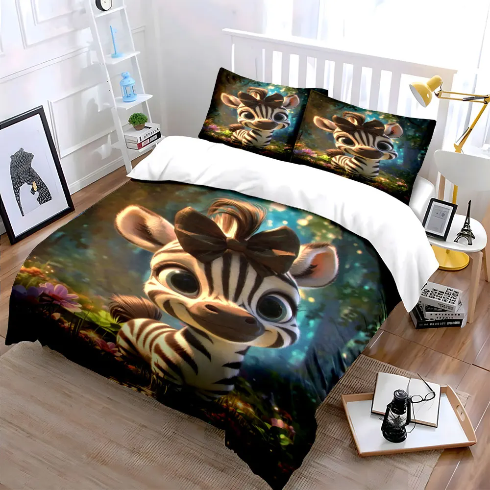 Adorable zebra with bow in forest Bedding Set for Kids Luxury Gift 3pcs Digital Print Comforter Set Soft Comfortable Breathable