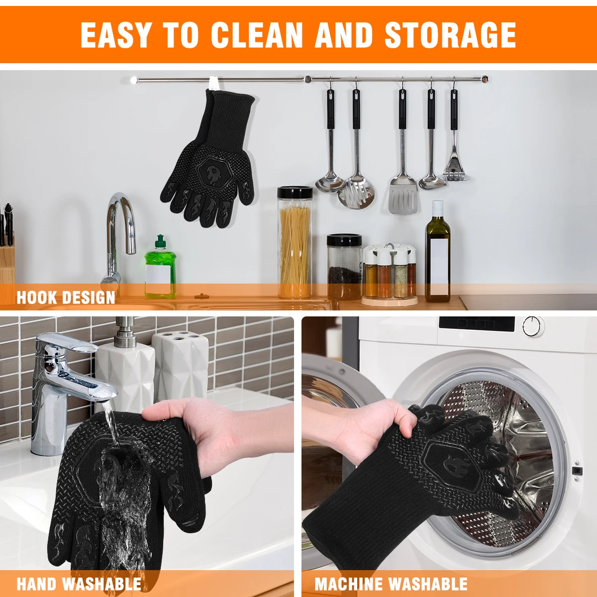 1 Pair Heat Resistant Gloves 13.78In Length 4.92In Sleeve Hangable Non-Slip Silicone Oven Mitt Set For Bbq Baking Cooking