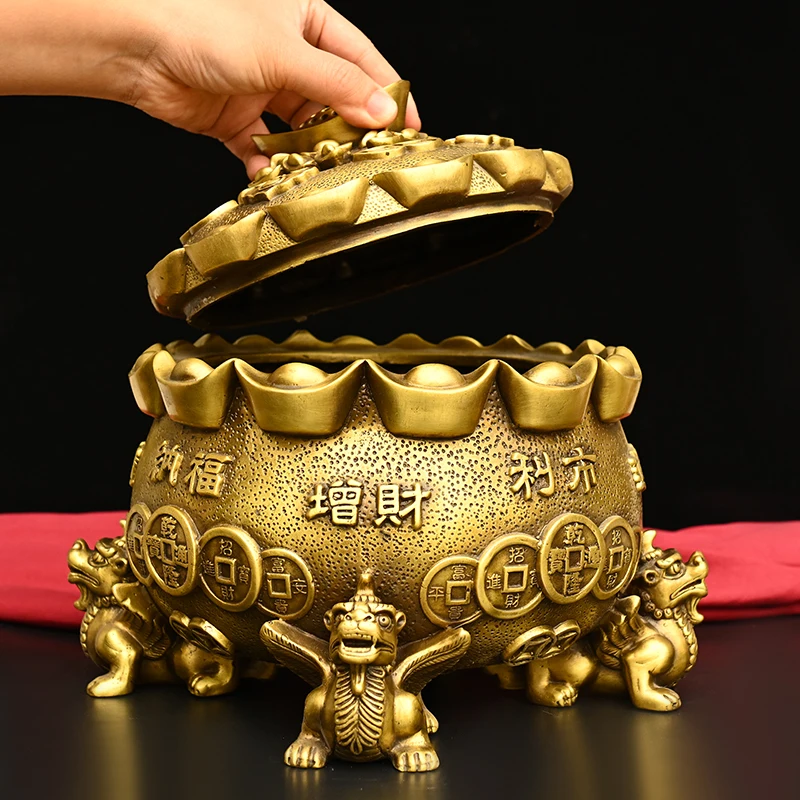 Antique Brass Mythical Beast Treasure Bowl Statue - Mythical Wealth & Prosperity Ornament, Desktop Decor & Feng Shui Handicraft