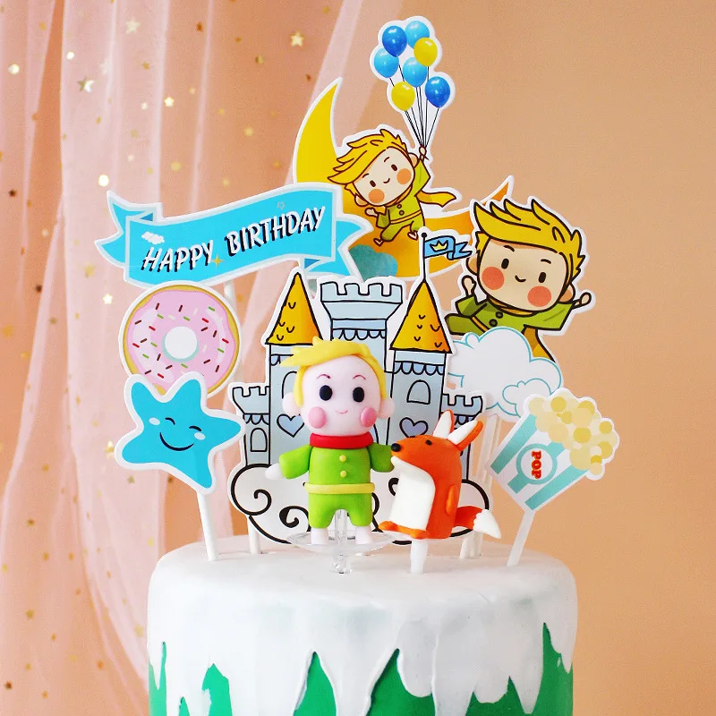 Prince Cake Topper Balloon Castle Star Moon Happy Birthday Kids Party Baby Shower Cupcake Toppers Decoration Baking Supplies DIY