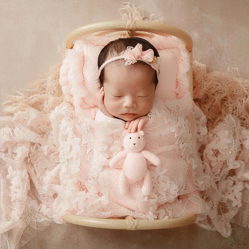 Newborn Photography Props Baby Girl Photo Elastic Wrap Swaddle Blanket Knitted Doll Hat Infant Studio Photoshoot Accessories