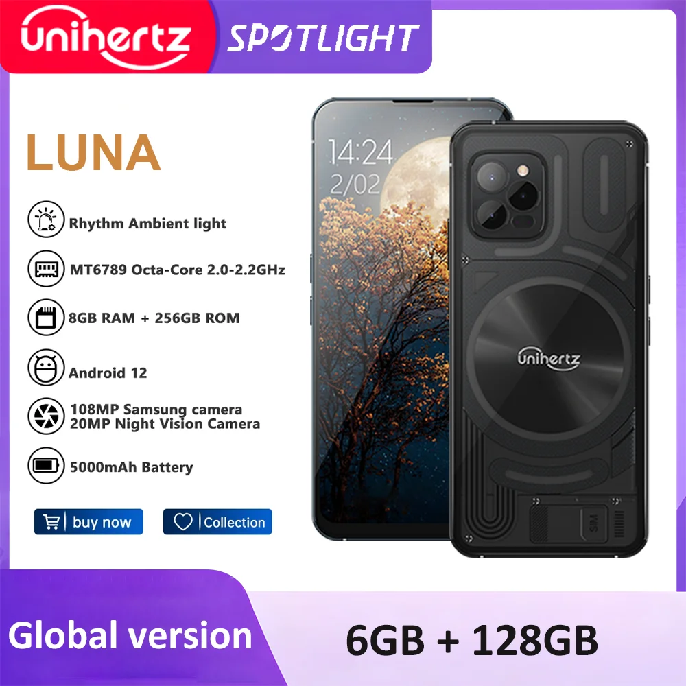 Unihertz Luna Smartphone Rhythm Ambient LED strip Music Phone 8GB RAM 256GB ROM 108MP G99 Mobile Phone Night Vision Cellphone