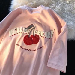 Fashion Korean Brand Chic Flock Cherry Embroidery T Shirts Kawaii Girls Pink Tops 2022 Summer Large 3XL Harajuku Oversized Teens