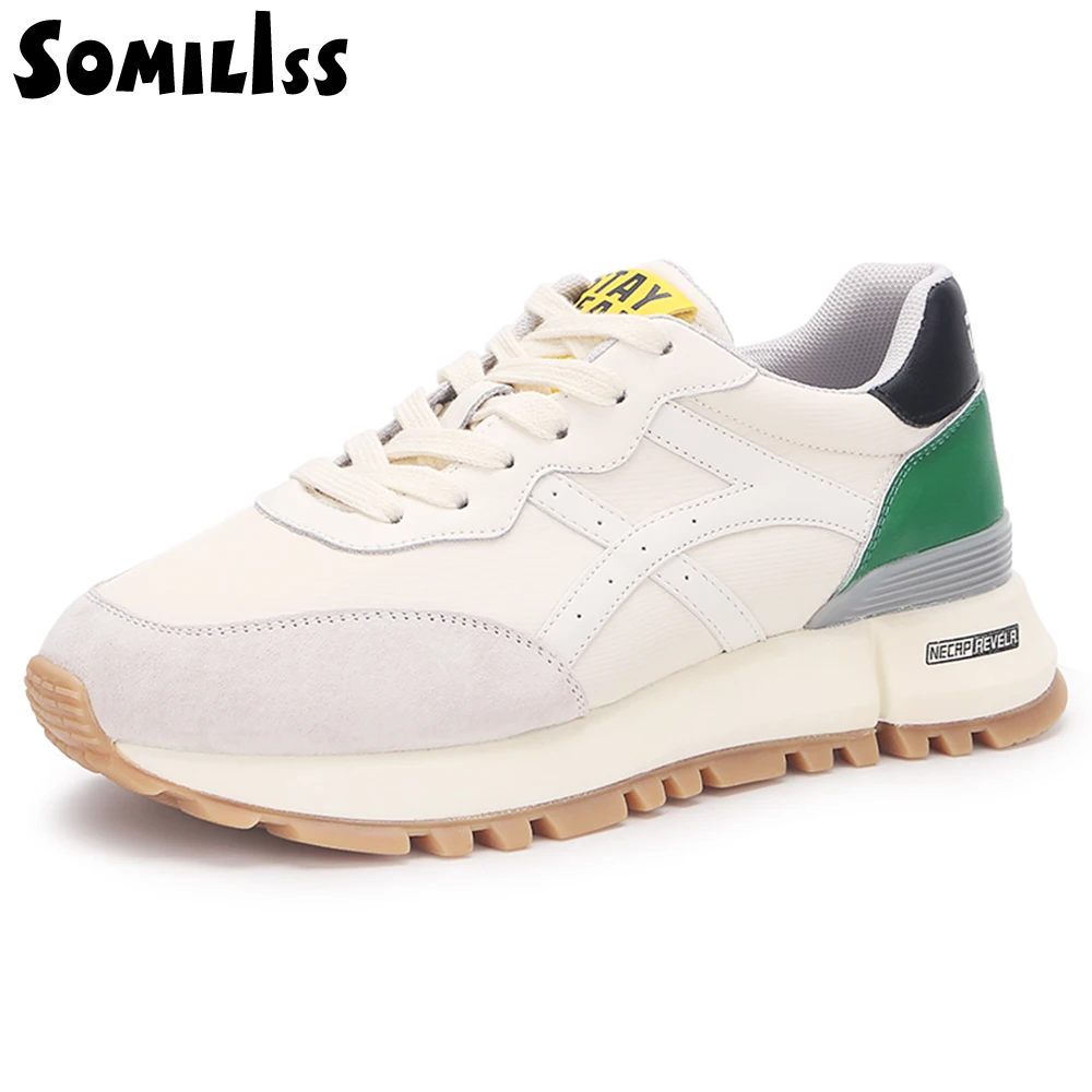 SOMILISS Women\'s Casual Sneaker Genuine Leather Pachwork Lightweight Breathable Ladies Fashion Running Shoes Platform Sneakers