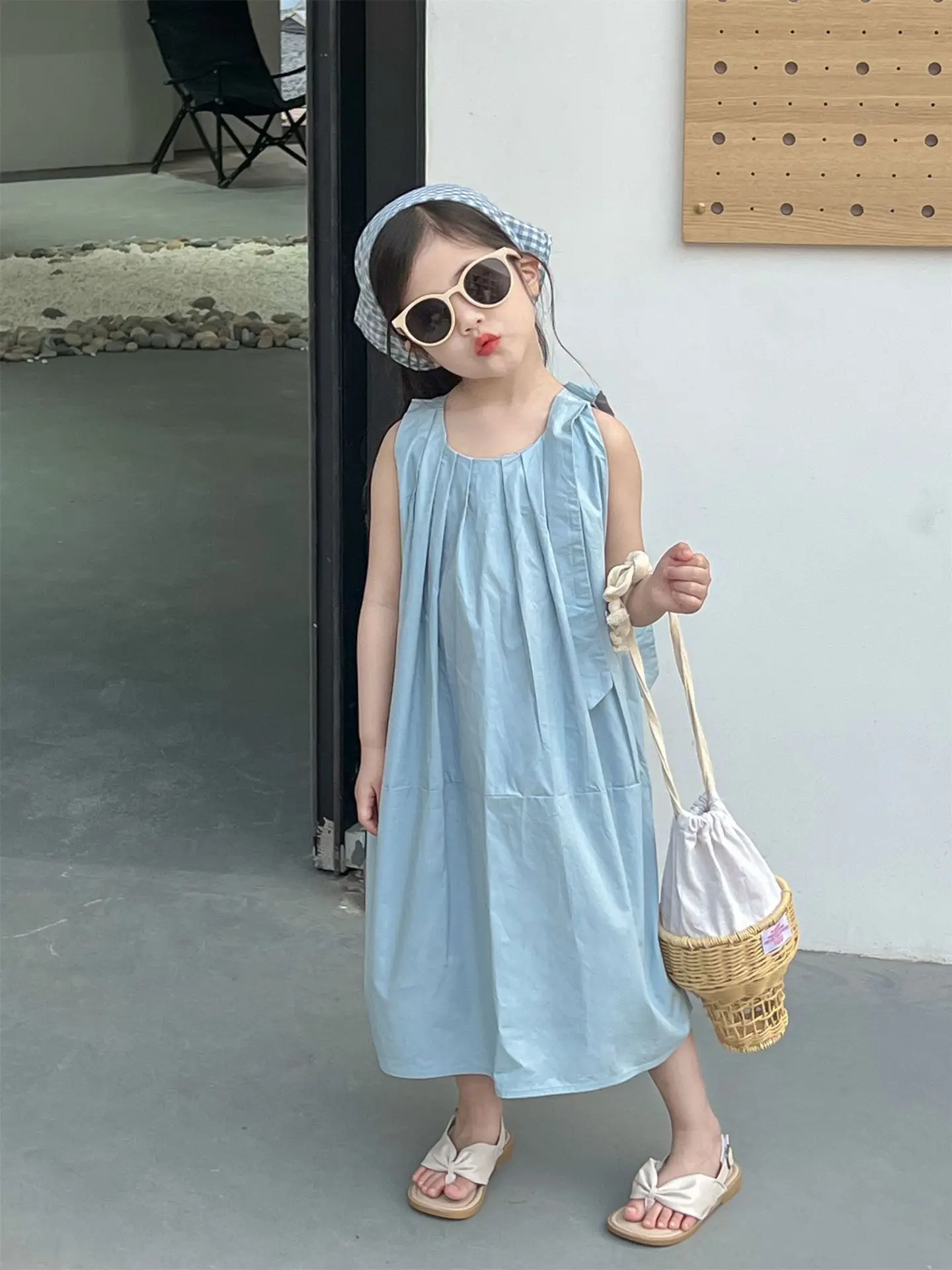 2024 Summer Korean Childrens Wear New Product Girl Style Tank Top Dress Fashionable Sleeveless Blue Gentle Dress