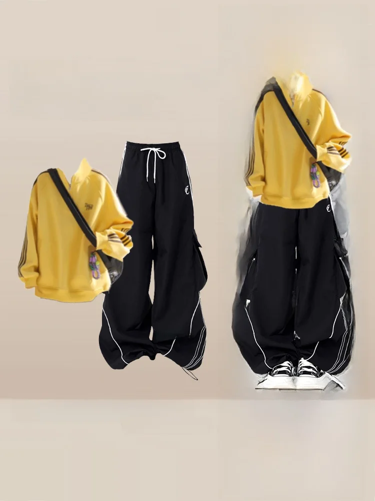 

Ladies Spor Two-Piece Set Zipper Sweatirt High Waist Wide Leg Pants Contrast Color Casual Slimming Autumn Winter Outfit