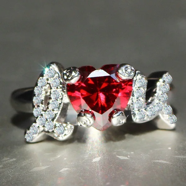 New I LOVE U heart-shaped princess red diamond ring 925s925 silver women's micro-set ring