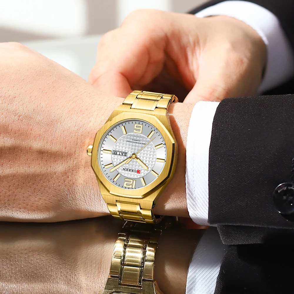 CURREN Herren-Businessuhr Quarz mit Tages- und Datumsanzeige, Edelstahlarmband, schlanke Armbanduhr für Männer, Leuchtzeiger – Detail 15