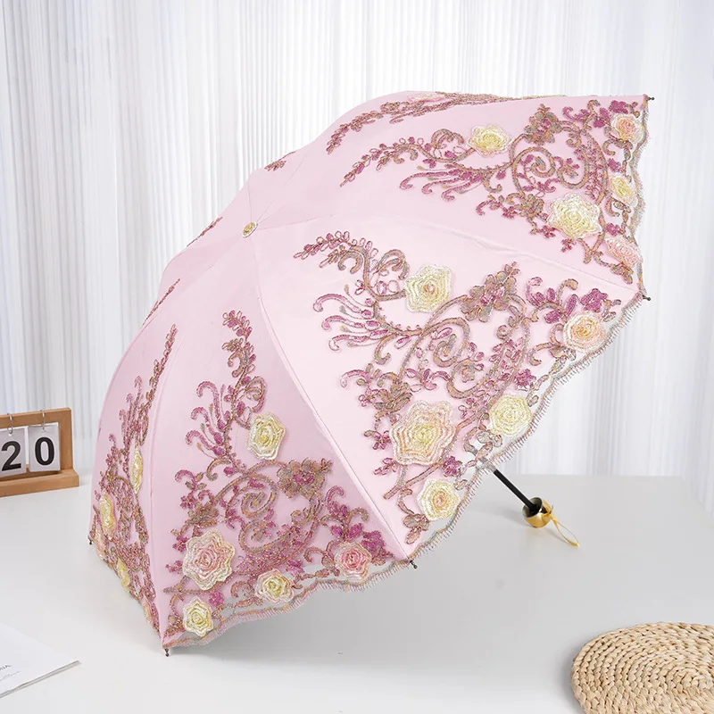 

106 см розовый трехстворчатый зонт от солнца с вышивкой, черный виниловый зонт от солнца с вышивкой из ультрафиолета
