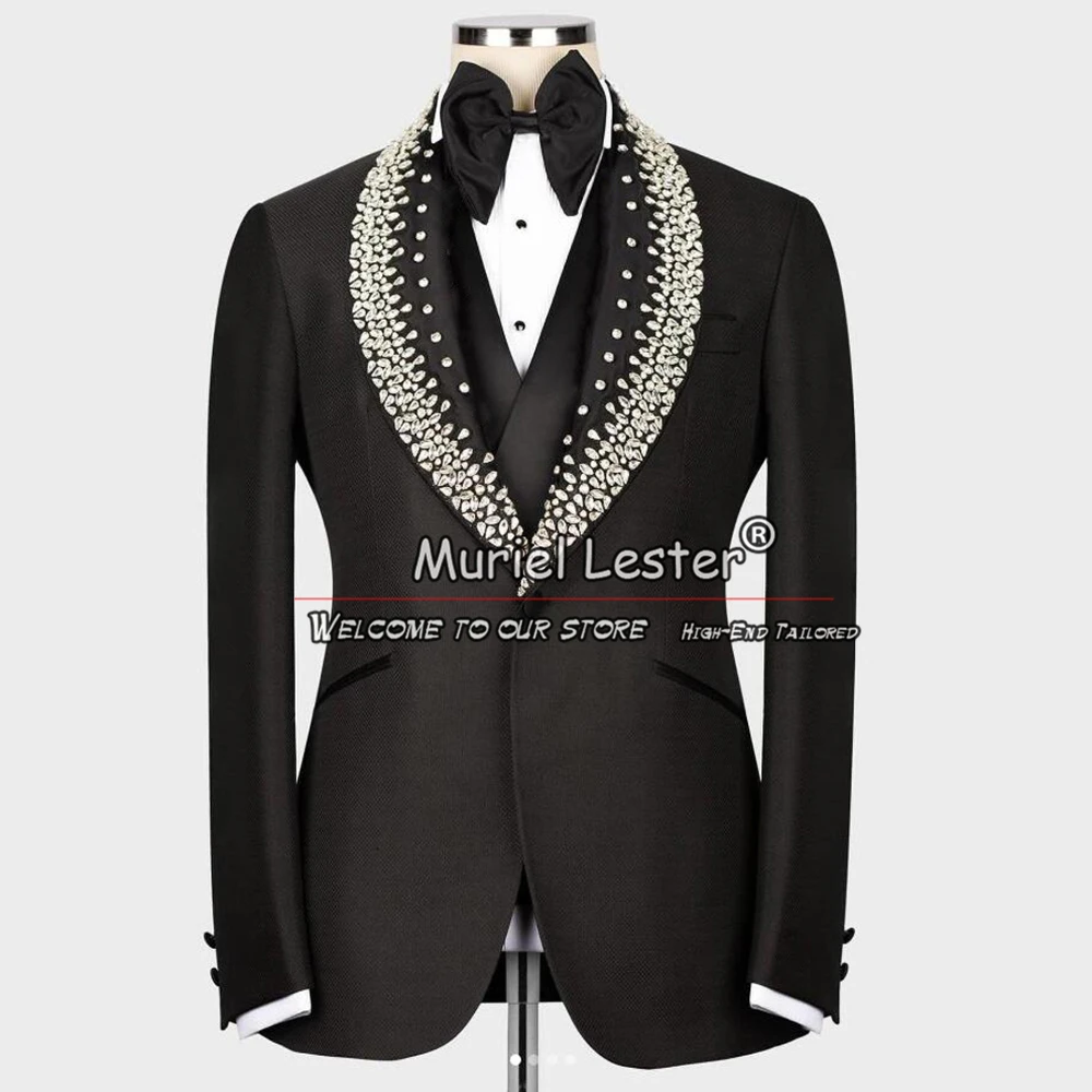 Groom Wedding Suits For Men Crystals Beaded Stone Lapel Prom Blazer Man Business Dinner Party Fashion Clothing Costume Homme