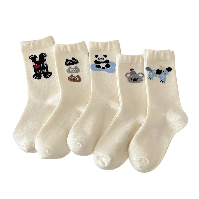 5 Paar Damen-Herbst-Winter-Socken aus dicker, warmer und süßer Baumwolle, niedlicher Cartoon, einfach, bequem, lässig, mittlere Röhrensocken