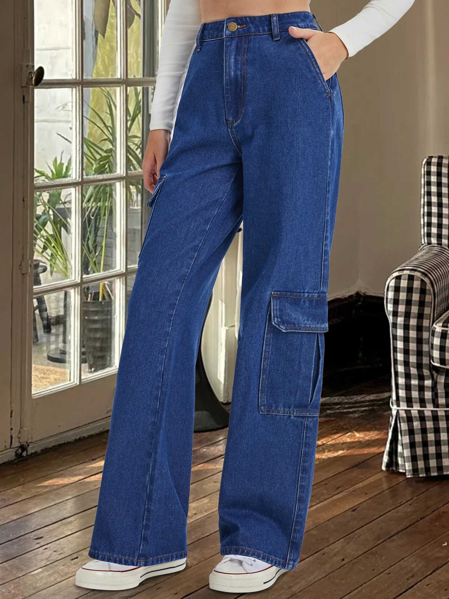 Womens Cargo Jeans High Waisted Baggy Wide Leg Straight Jeans for Women Flap Pocket Denim Pants