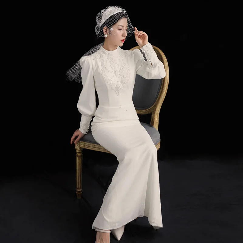 Robe de mariée sirène classique avec fermeture éclair, licou, robes de soirée en dentelle, 2024