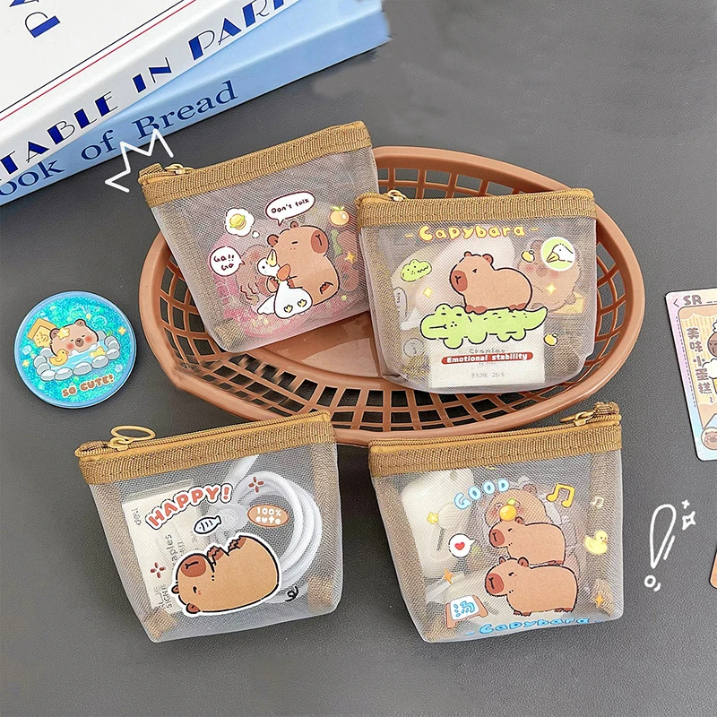 Kawaii Cartoon Capybara Mesh Gauze Coin Purse Animal Printing Portable Mini Lipstick Makeup Bag Change Storage Bag Girls Gifts