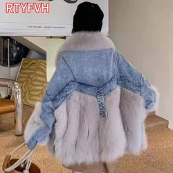 Women Winter Denim Jacket Oversize Large Fur Collar Plus Velvet Jacket Thick Loose Warm Fur Jean Coat