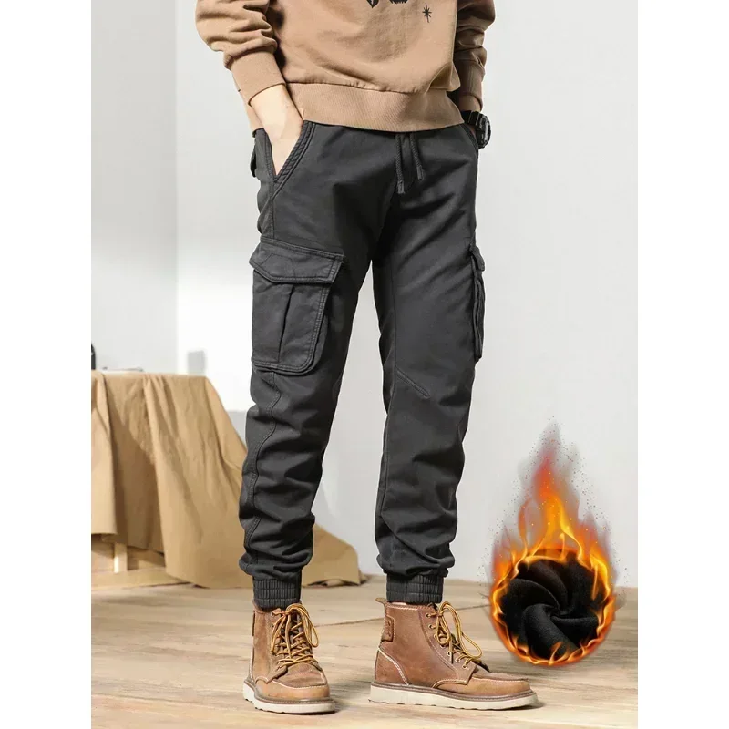 New Multi-Pockets Winter Cargo Pants Men Fleece Liner Thick Warm Slim Fit Joggers Streetwear Casual Cotton Thermal Trousers