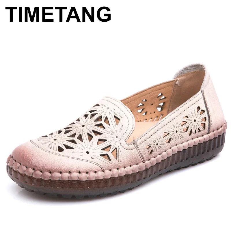 TIMETANG Fit Wide Foot Handmade Genuine Leather Flat Shoes Women Summer Shoes Lady Loafers Breathable Soft Hollow Female Shoes