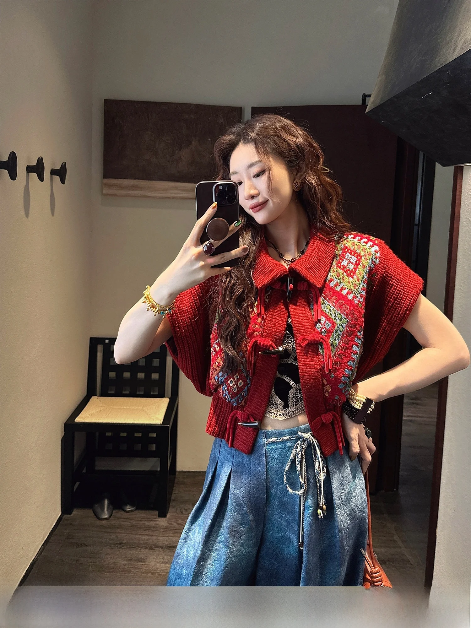 

Sanji Bla Flower New Chinese Sle Early Autumn Knitted Women's Jaet Svel Top Floral Pattern Loose Fit Regular Length