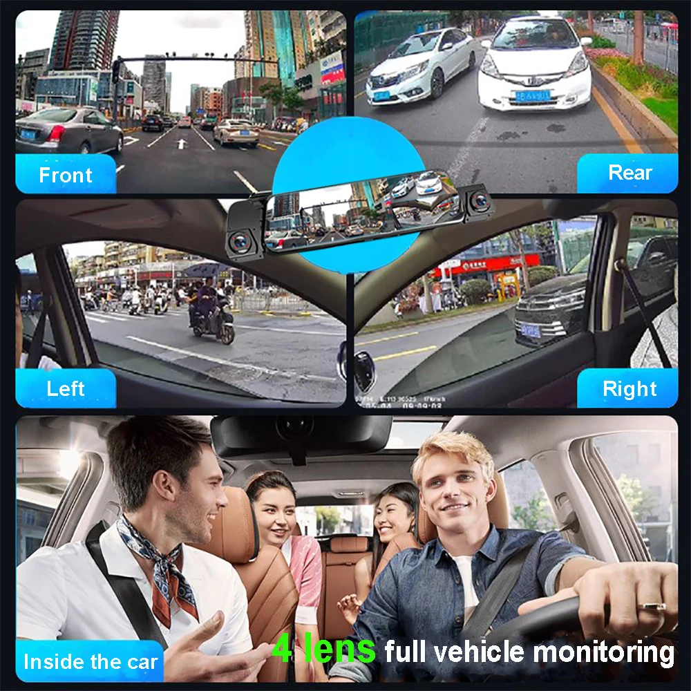 4 كاميرا 4 قناة مرآة داش كام 4K الترا HD جهاز تسجيل فيديو رقمي للسيارات 4 عدسة الصندوق الأسود تدفق مسجل قيادة كاميرا الرؤية الخلفية اللاسلكية APP