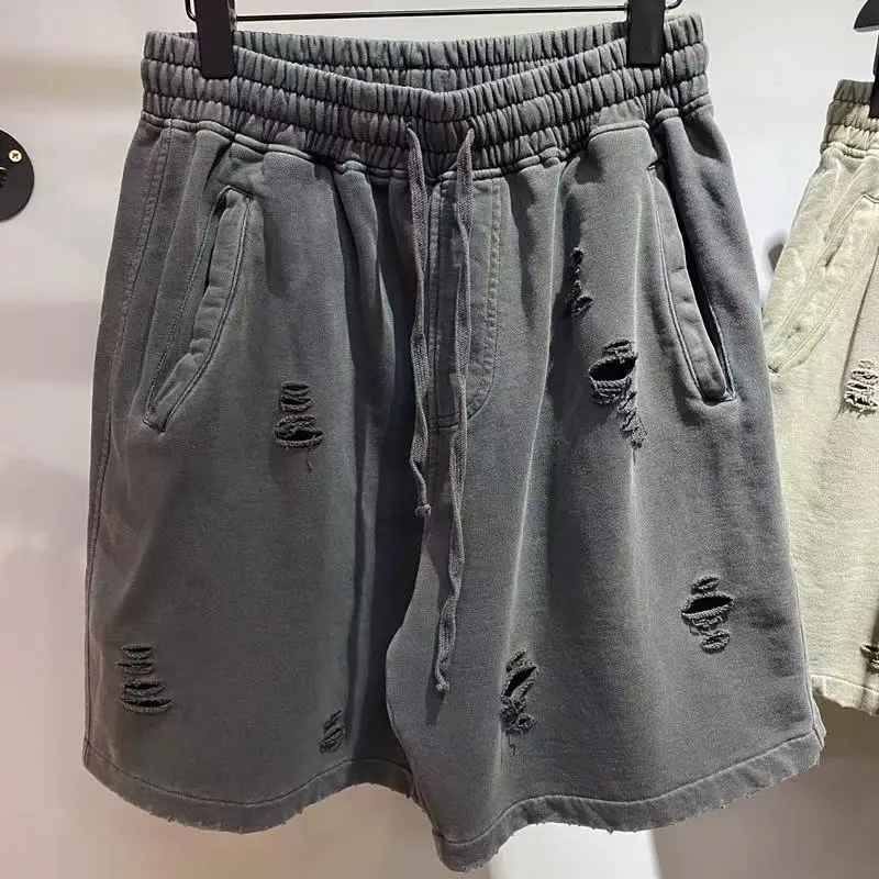 2025 New Product European American High Street Style Heavily Washed Aged Loose Shorts Men's Fashion Trend Brand Cut Retro Shorts