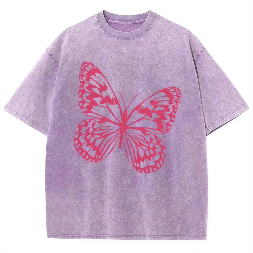 Pink Butterfly Vintage Unisex Washed T-shirt, Y2k Shirt