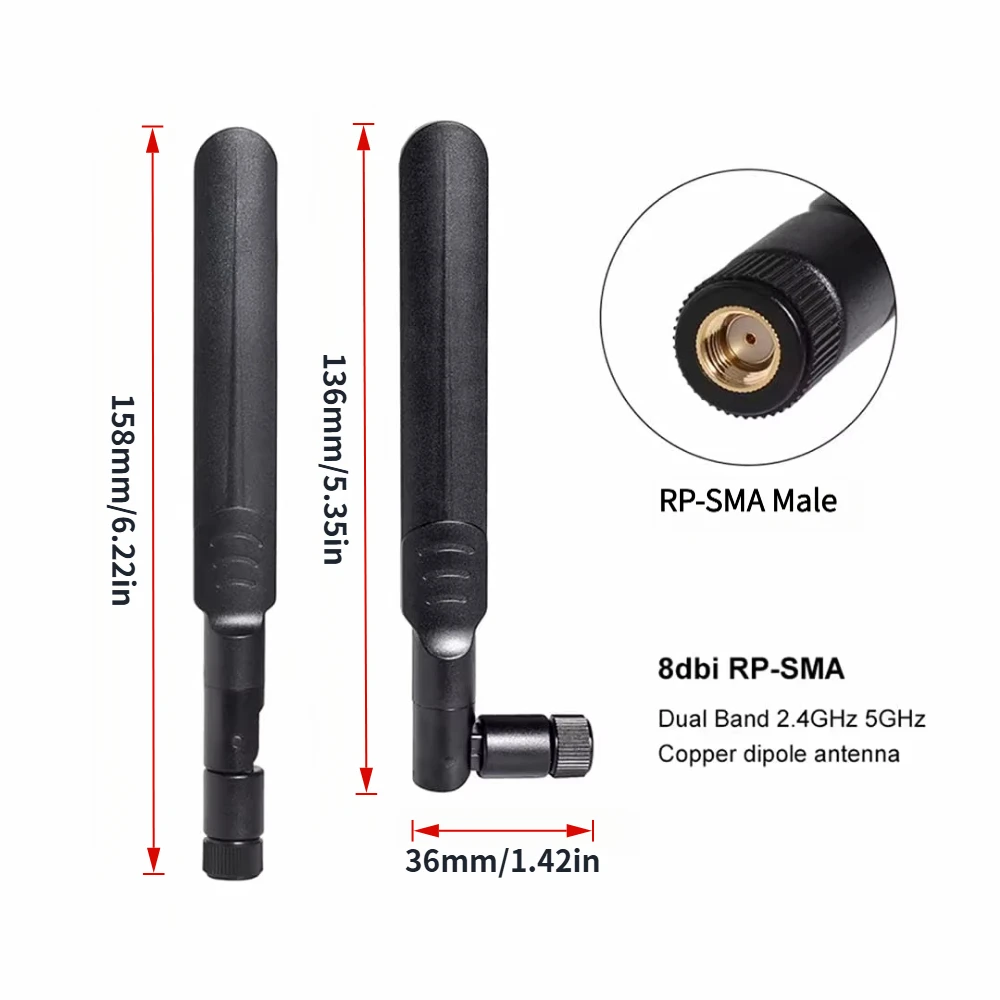 2PCS 8dBi High Gain 2.4GHz 5.8GHz Dual Band Wi-Fi Antenna RP-SMA Male+15CM MHF1 RP-SMA Female Pigtail Cable for Wireless Router