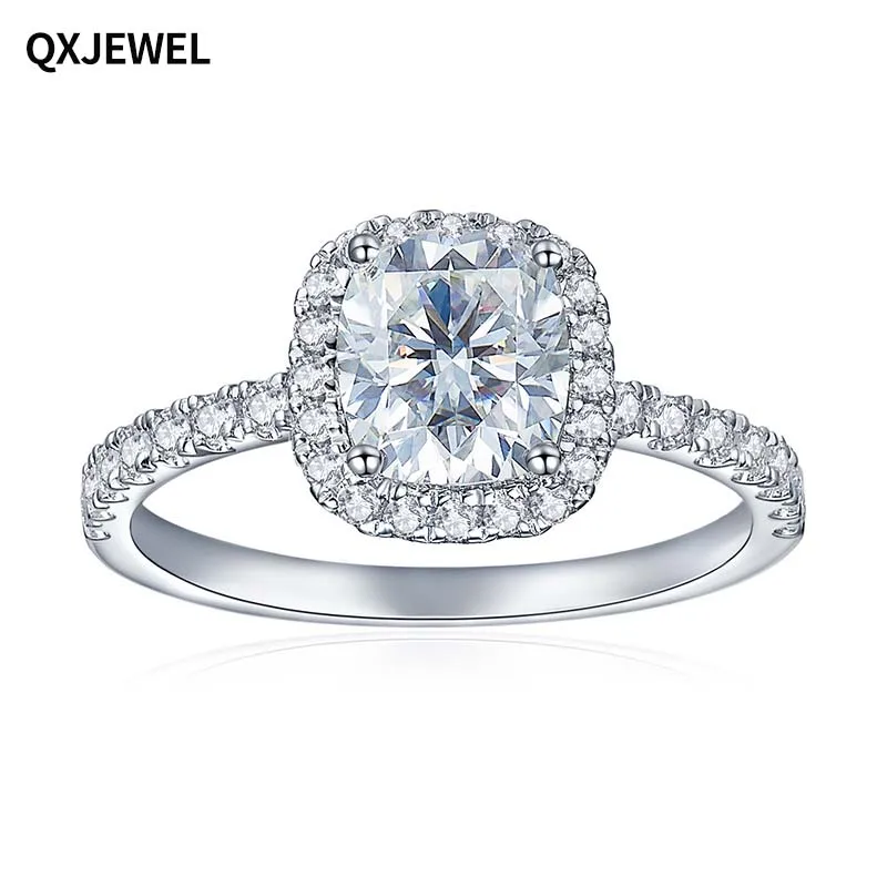 QXJEWEL Silver Moissanite Engagement Ring D Color Vvs 1.5carat 6*7mm Cushion Shape With Halo For Women Gift