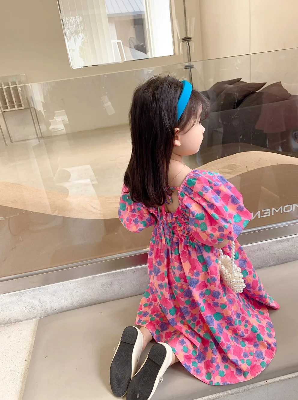 Summer Casual Baby Girls Cotton Sweet Pleat Puff Sleeves Floral Printing Lace Up Back Dress Kids Lovely Outfit Clothing 2-8Years