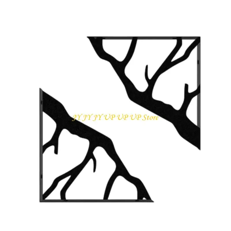 Pair of Black Iron Wall Shelf Brackets, Open Branch Design with L-Form Structure and Visible Wall Mounting Holes