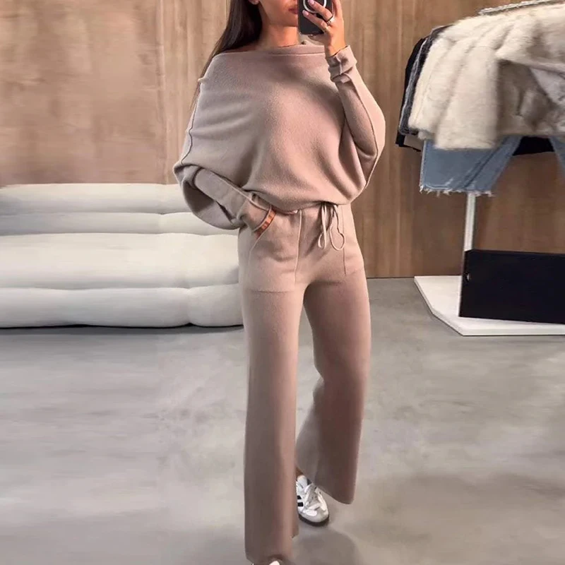 Women Solid Off Shoulder Blouse Tops&Drawstring Pants Suit Winter Long Sleeve Two Piece Outfits Elegant Loose 2024 Tracksuit